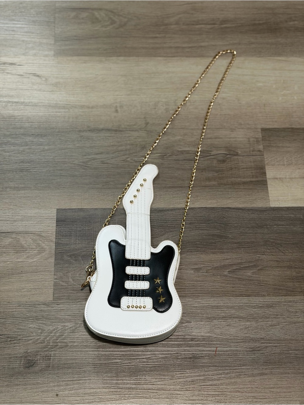 Guitar-Shaped Crossbody Bag in White and Black
